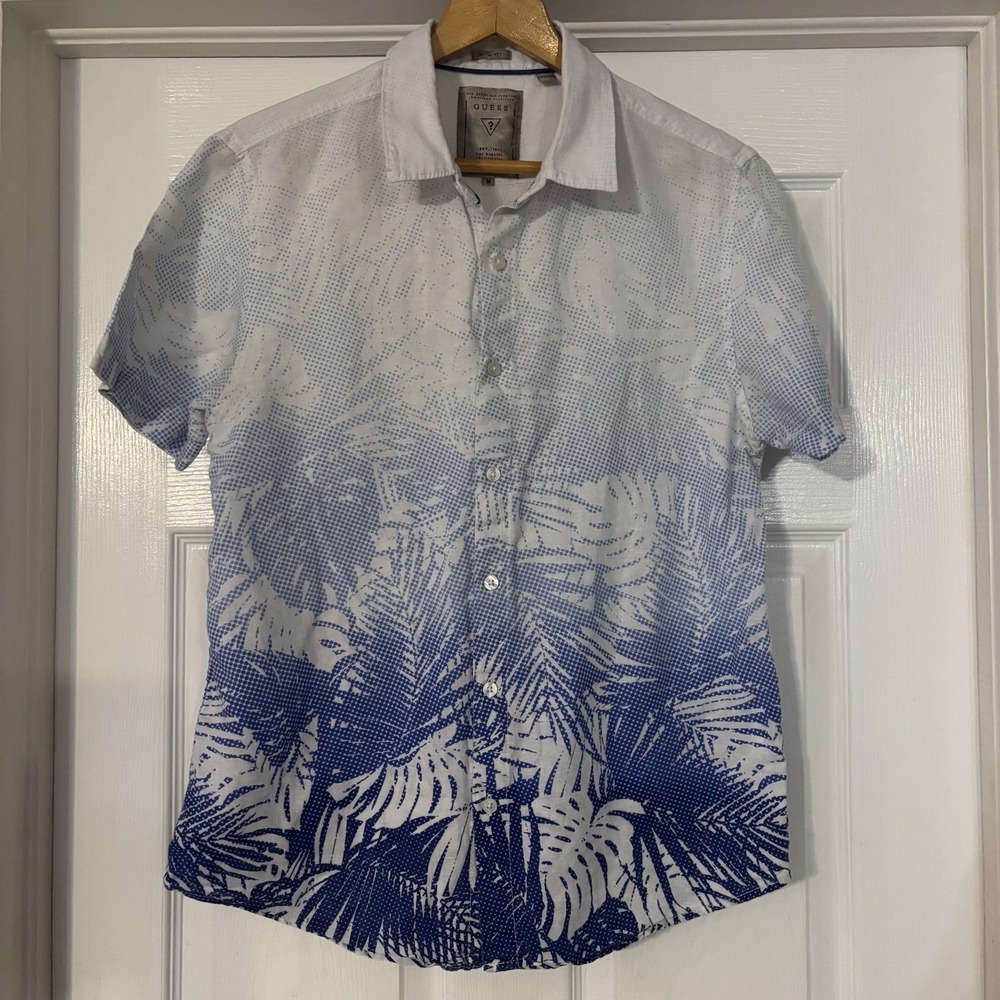 Guess Mens M Shirt Slim Fit Short Sleeve Hawaiian Blue Palm Branches Button Down